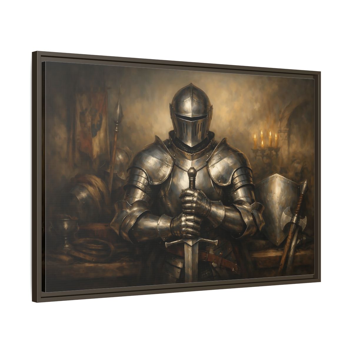 Side Mockup 9. Vintage Knight Brown And Gold shown as stretched canvas wall art