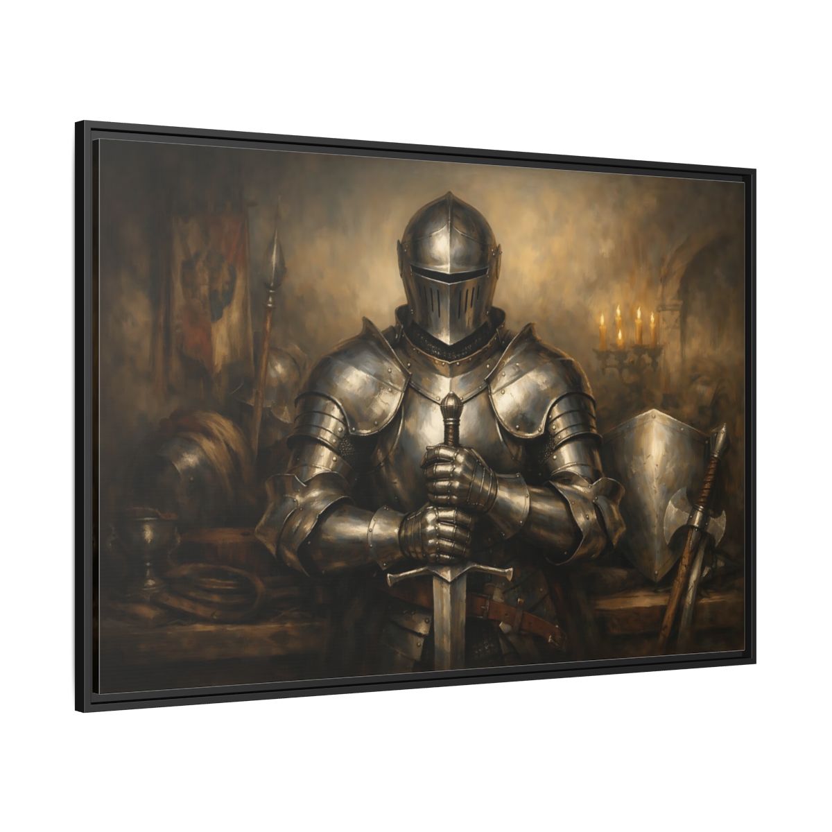 Side Mockup 12. Vintage Knight Brown And Gold shown as stretched canvas wall art