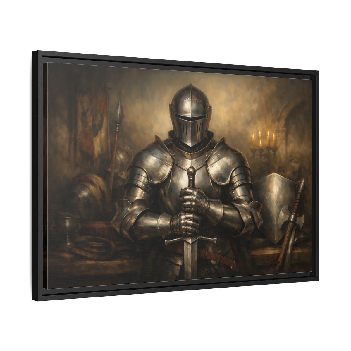 Side Mockup 14. Vintage Knight Brown And Gold shown as stretched canvas wall art