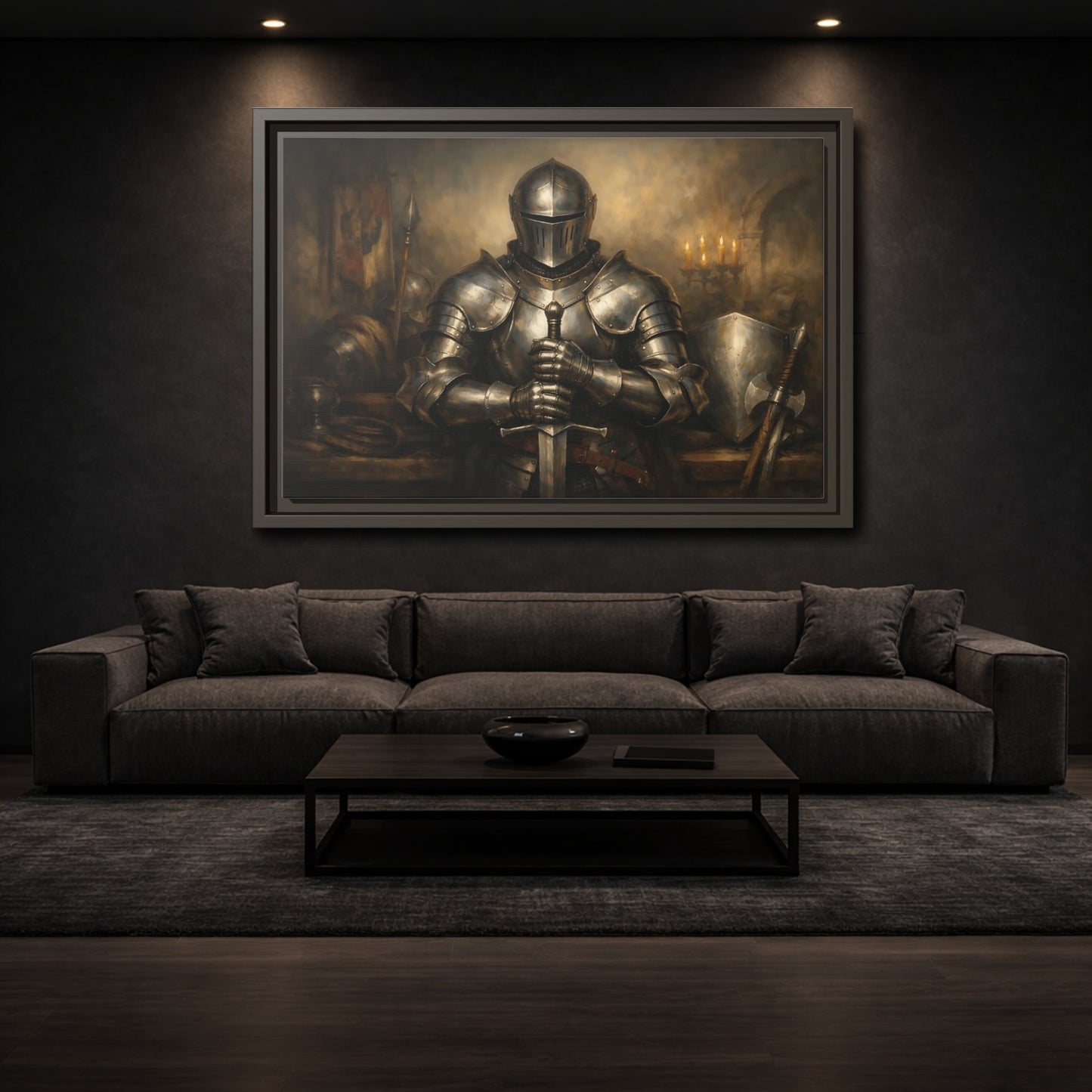 Mockup 2. Vintage Knight Brown And Gold shown as stretched canvas wall art