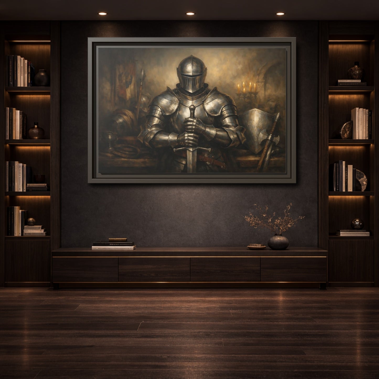 Mockup 3. Vintage Knight Brown And Gold shown as stretched canvas wall art