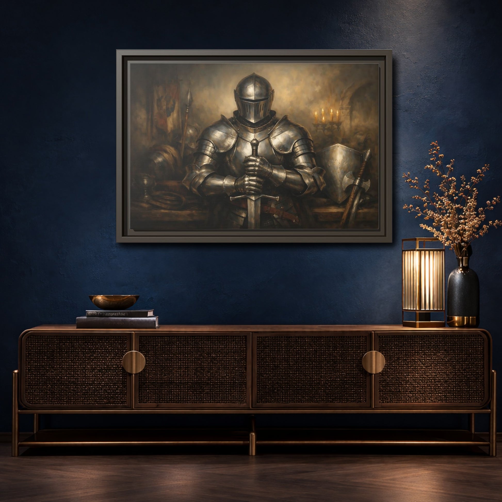 Mockup 4. Vintage Knight Brown And Gold shown as stretched canvas wall art