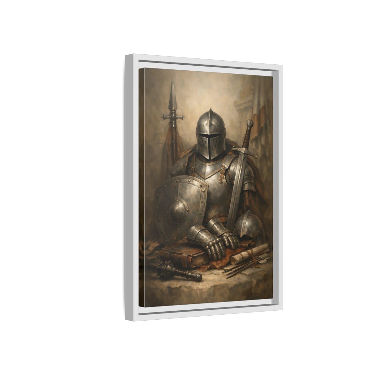 Side Mockup 4. Vintage Knight Brown And Gray Knight shown as stretched canvas wall art