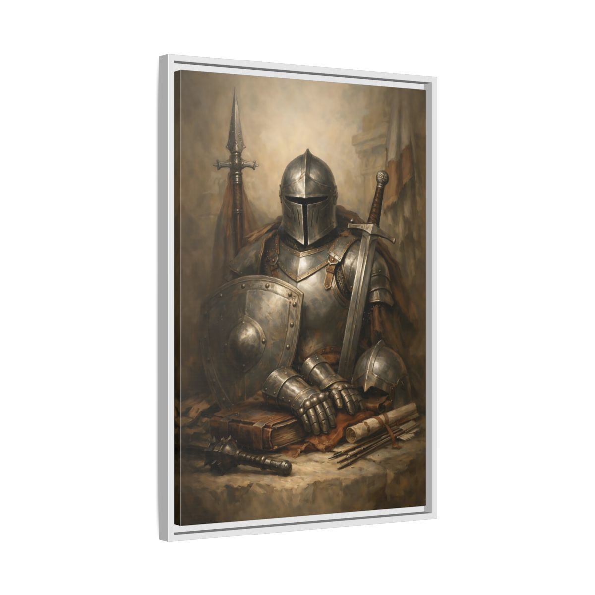 Side Mockup 11. Vintage Knight Brown And Gray Knight shown as stretched canvas wall art