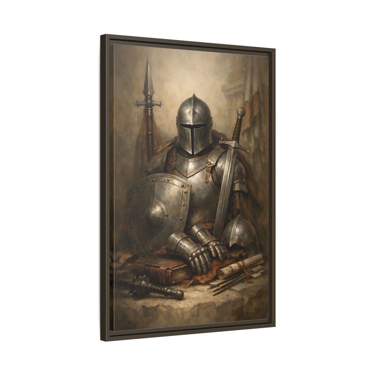 Side Mockup 12. Vintage Knight Brown And Gray Knight shown as stretched canvas wall art