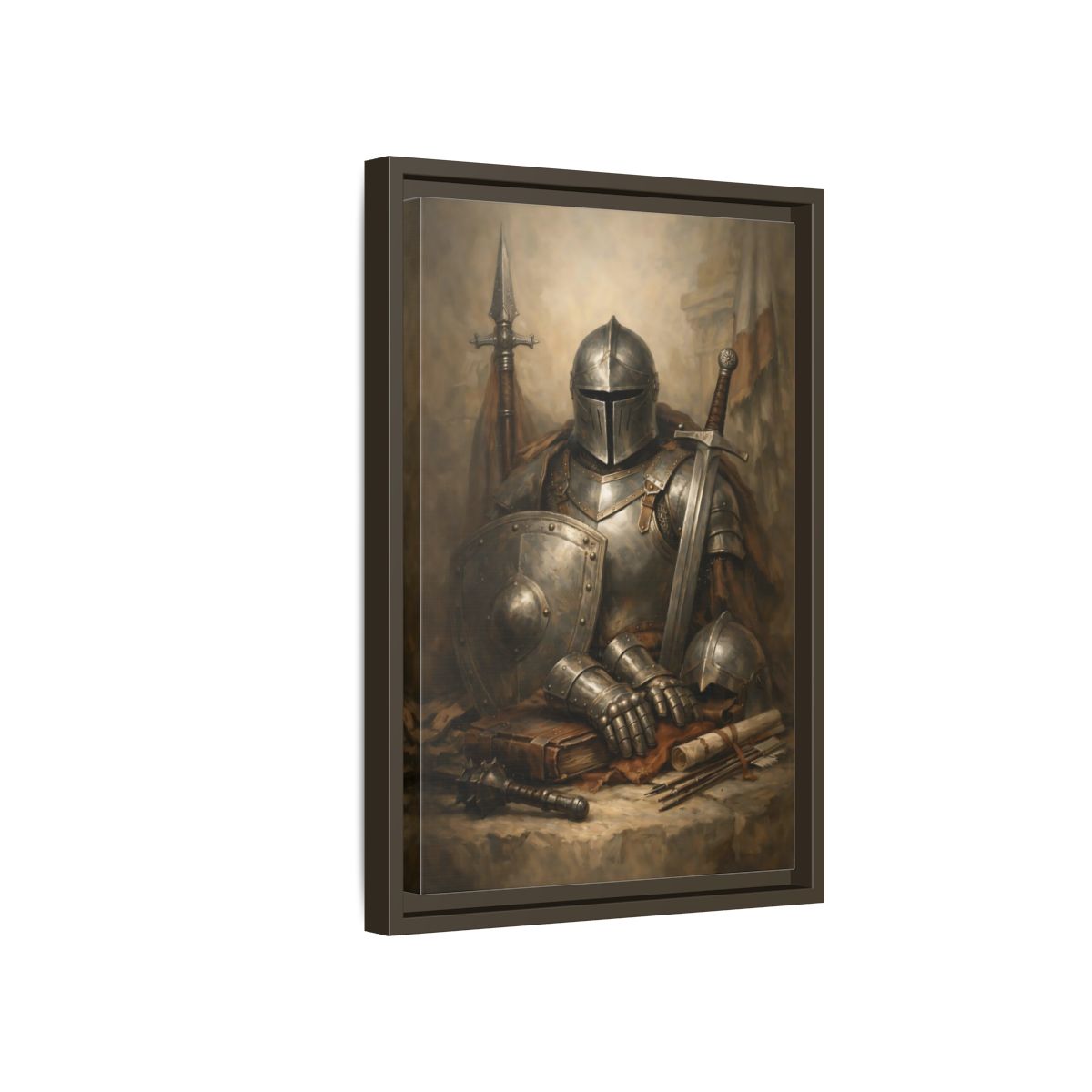 Side Mockup 5. Vintage Knight Brown And Gray Knight shown as stretched canvas wall art