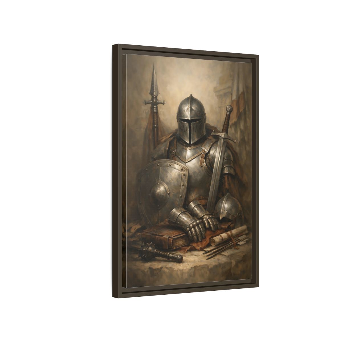 Side Mockup 2. Vintage Knight Brown And Gray Knight shown as stretched canvas wall art