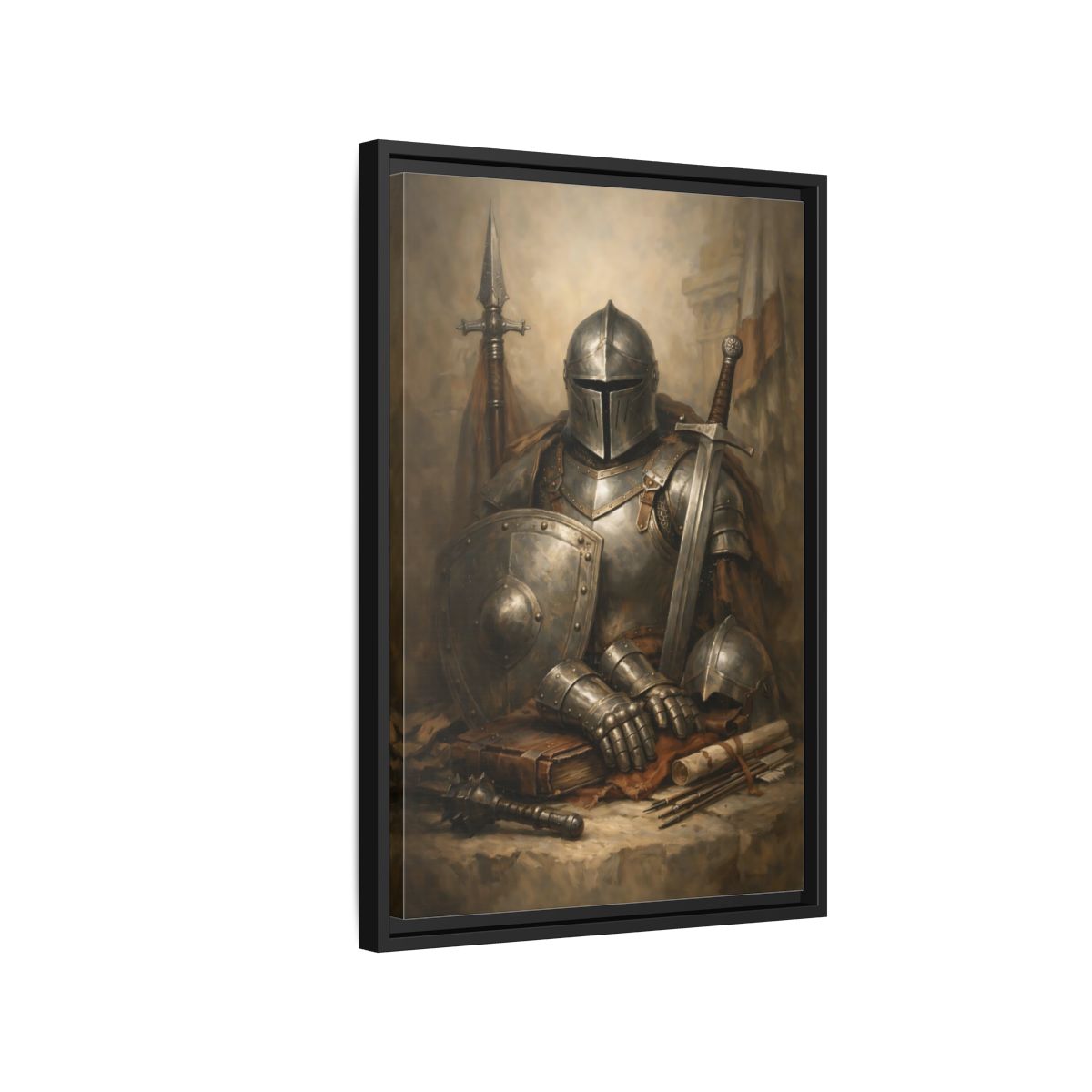 Side Mockup 3. Vintage Knight Brown And Gray Knight shown as stretched canvas wall art