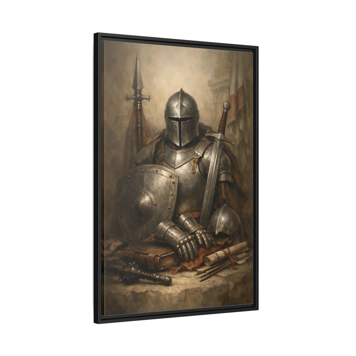 Side Mockup 13. Vintage Knight Brown And Gray Knight shown as stretched canvas wall art