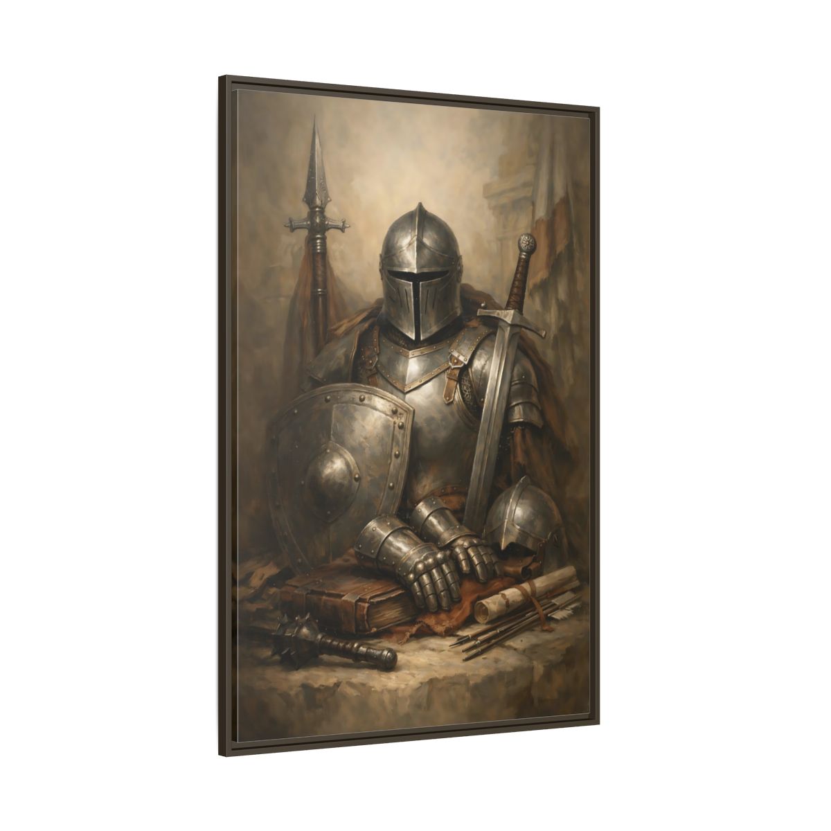 Side Mockup 8. Vintage Knight Brown And Gray Knight shown as stretched canvas wall art