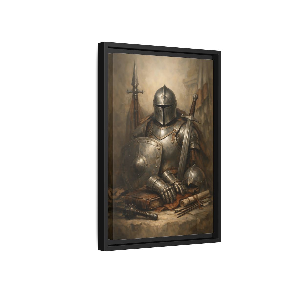 Side Mockup 6. Vintage Knight Brown And Gray Knight shown as stretched canvas wall art
