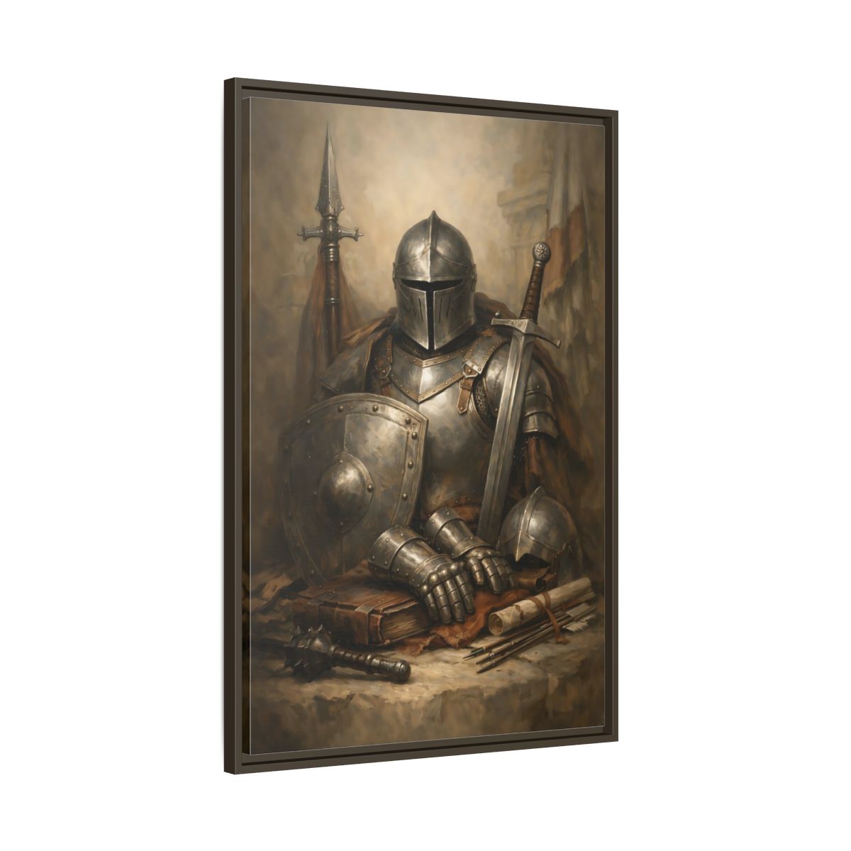 Side Mockup 10. Vintage Knight Brown And Gray Knight shown as stretched canvas wall art
