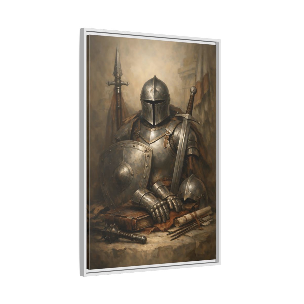 Side Mockup 9. Vintage Knight Brown And Gray Knight shown as stretched canvas wall art