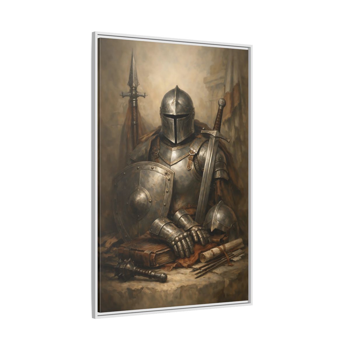 Side Mockup 7. Vintage Knight Brown And Gray Knight shown as stretched canvas wall art
