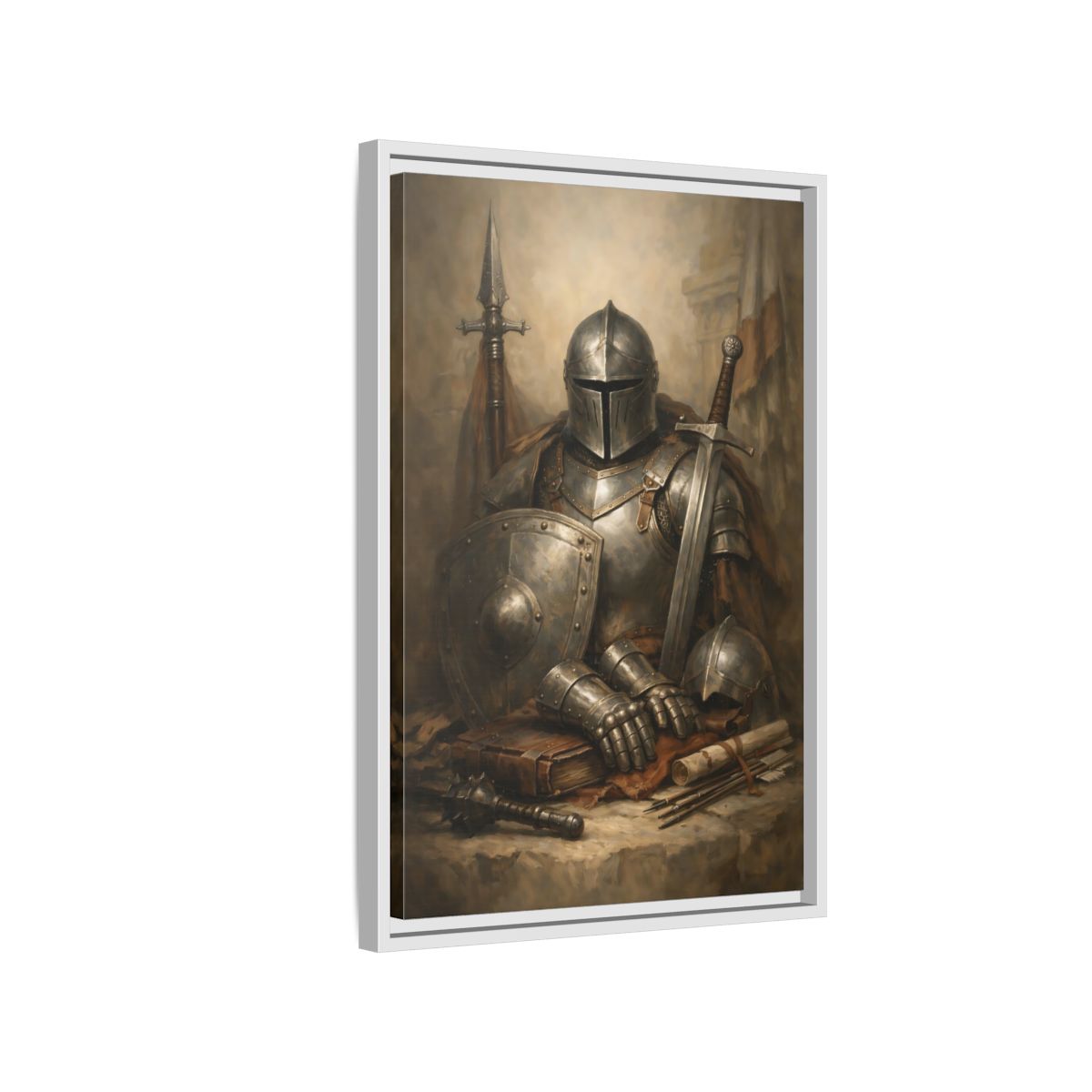 Side Mockup 1. Vintage Knight Brown And Gray Knight shown as stretched canvas wall art