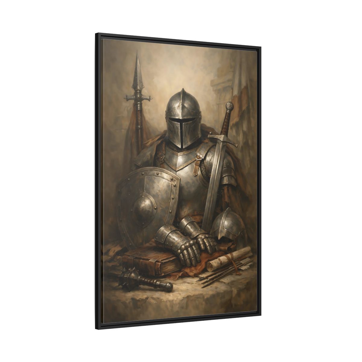 Main Mockup. Vintage Knight Brown And Gray Knight shown as stretched canvas wall art