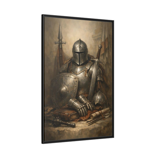 Main Mockup. Vintage Knight Brown And Gray Knight shown as stretched canvas wall art