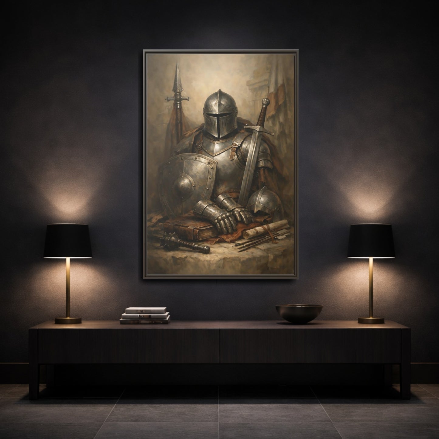 Mockup 2. Vintage Knight Brown And Gray Knight shown as stretched canvas wall art