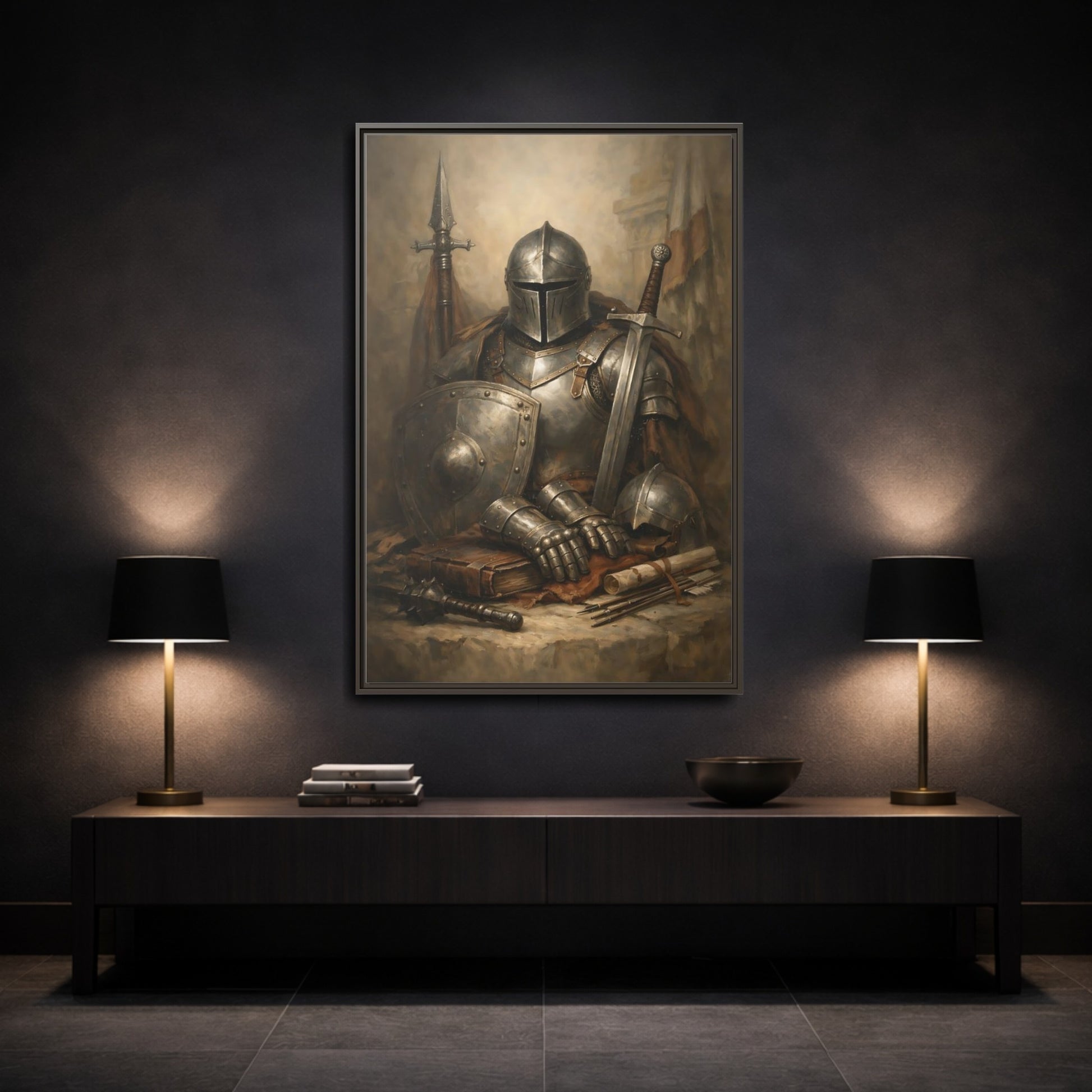 Mockup 2. Vintage Knight Brown And Gray Knight shown as stretched canvas wall art