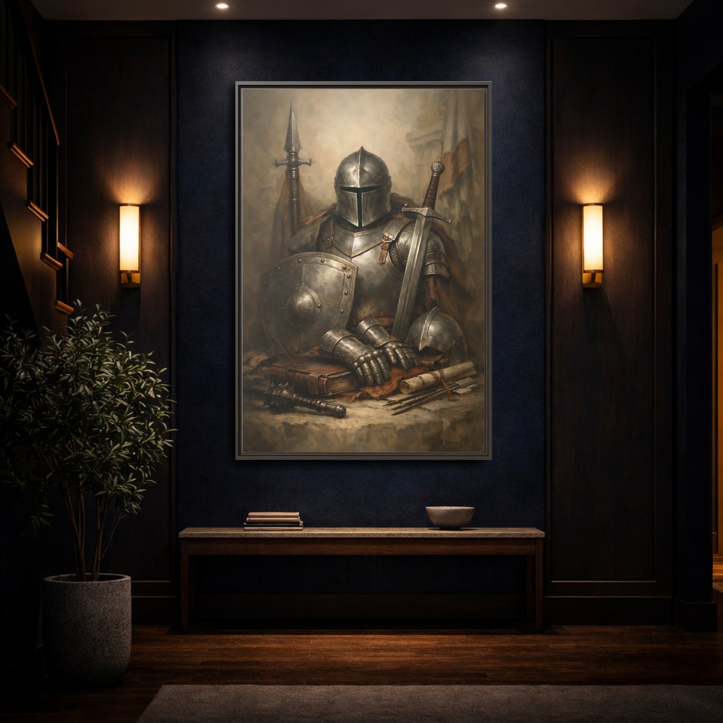 Mockup 3. Vintage Knight Brown And Gray Knight shown as stretched canvas wall art
