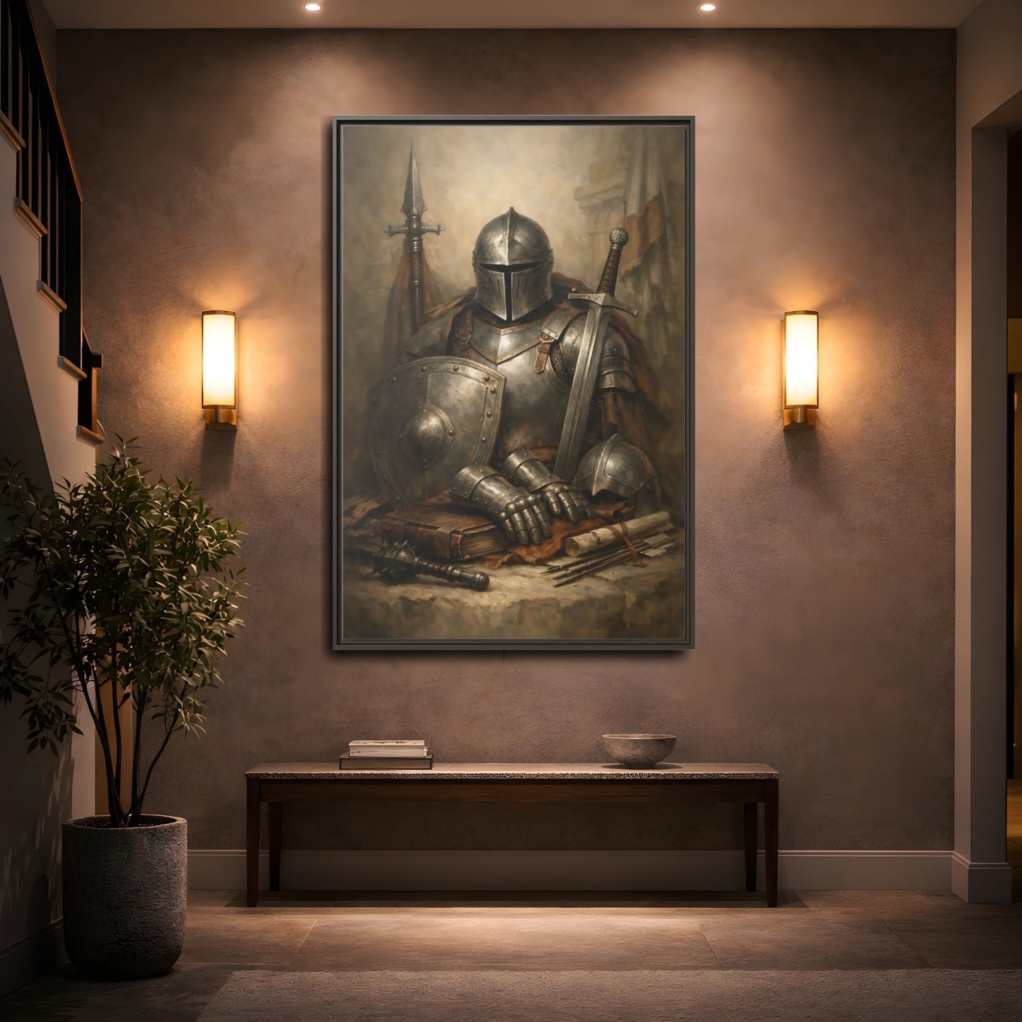 Mockup 4. Vintage Knight Brown And Gray Knight shown as stretched canvas wall art