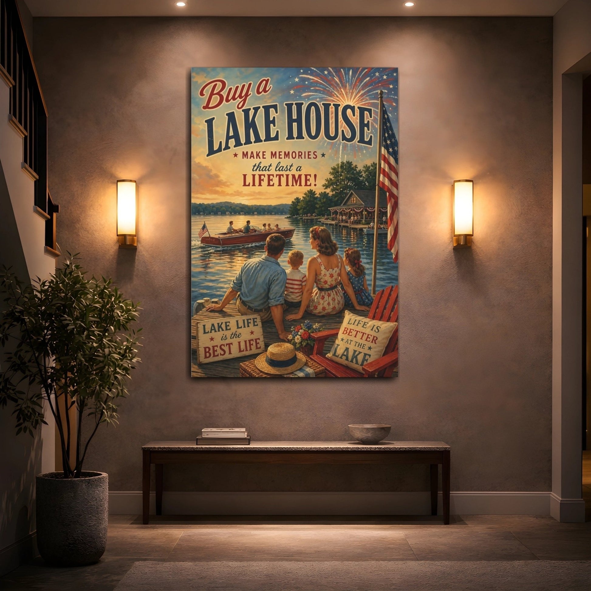 Vintage Lake House Life Canvas Print – Living Room, Above Couch, Warm Tones - YesArtYes
