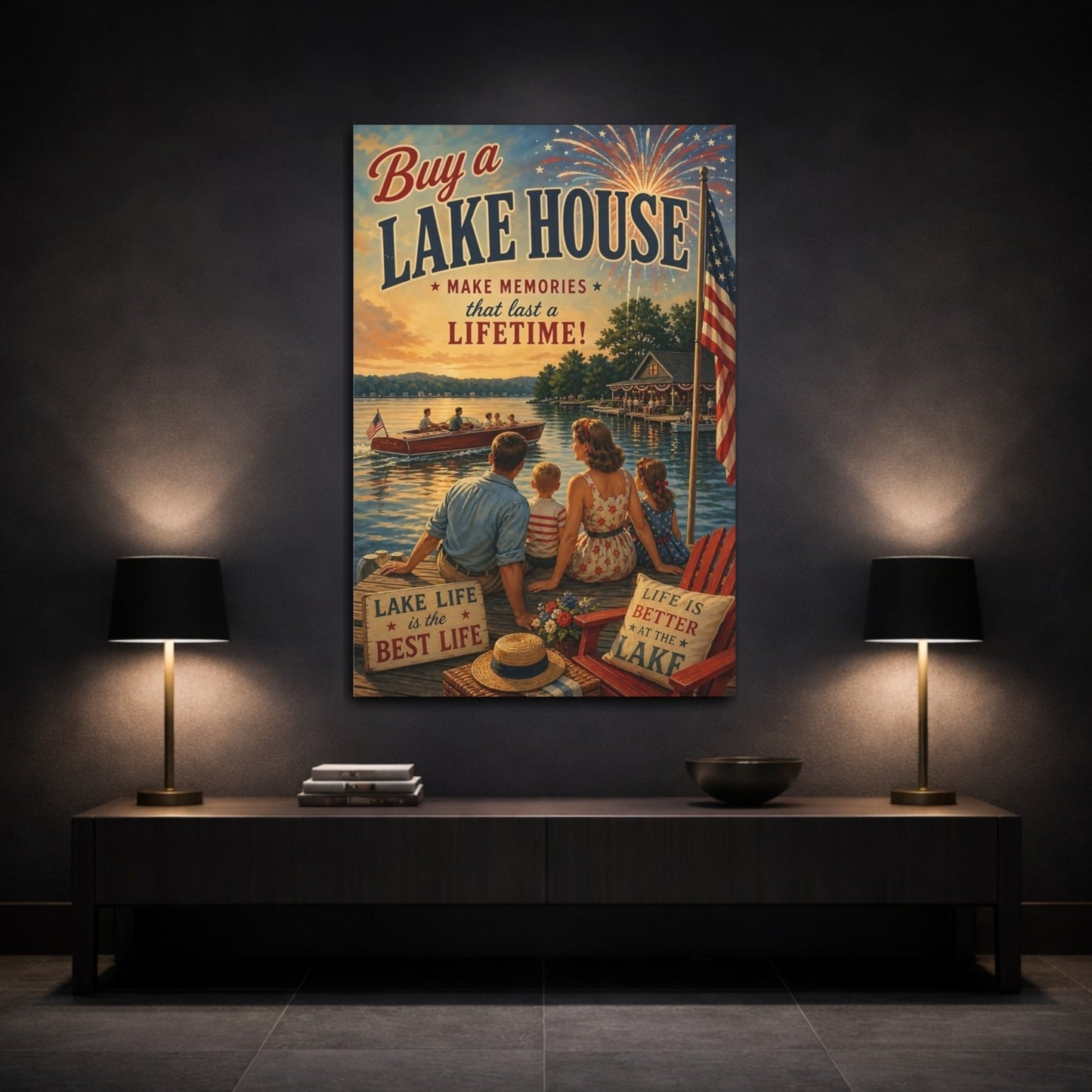Vintage Lake House Life Canvas Print – Living Room, Above Couch, Warm Tones - YesArtYes