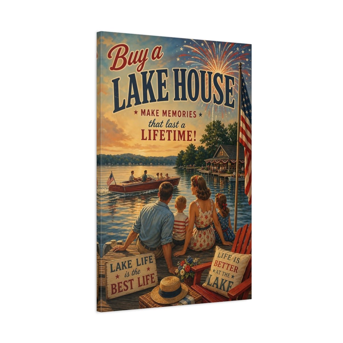 Vintage Lake House Life Canvas Print – Living Room, Above Couch, Warm Tones - YesArtYes