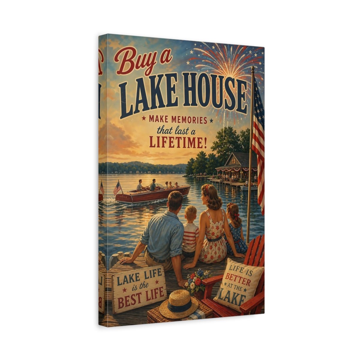 Vintage Lake House Life Canvas Print – Living Room, Above Couch, Warm Tones - YesArtYes