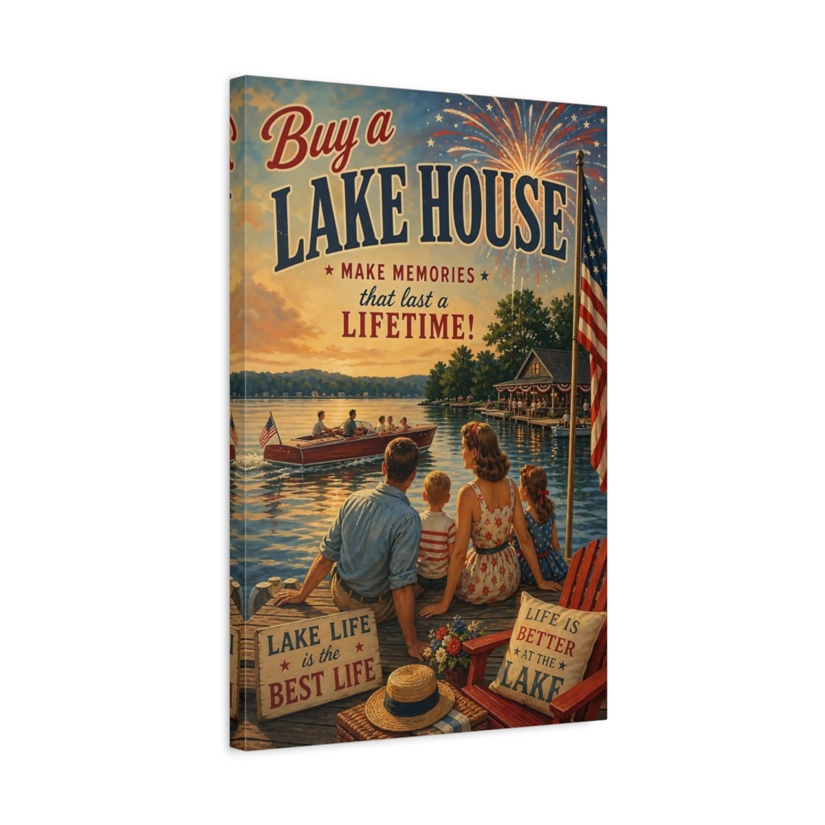 Vintage Lake House Life Canvas Print – Living Room, Above Couch, Warm Tones - YesArtYes
