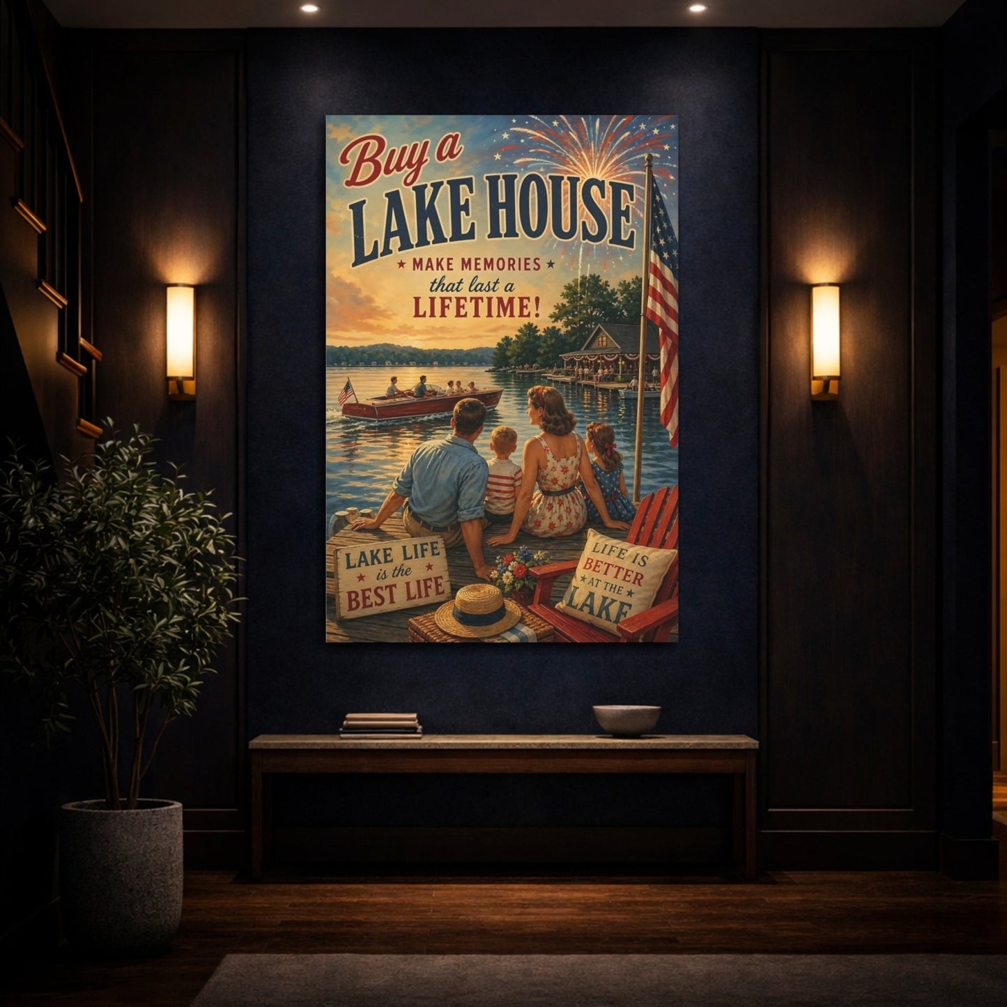 Vintage Lake House Life Canvas Print – Living Room, Above Couch, Warm Tones - YesArtYes