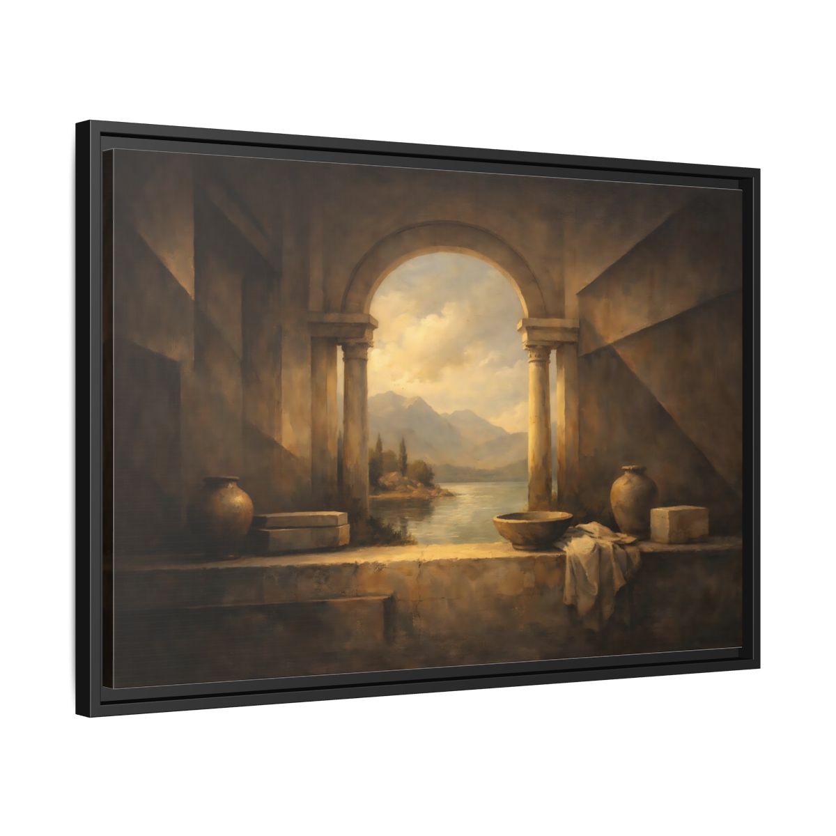 Side Mockup 14. Vintage Lake Landscape Classical Landscape shown as stretched canvas wall art