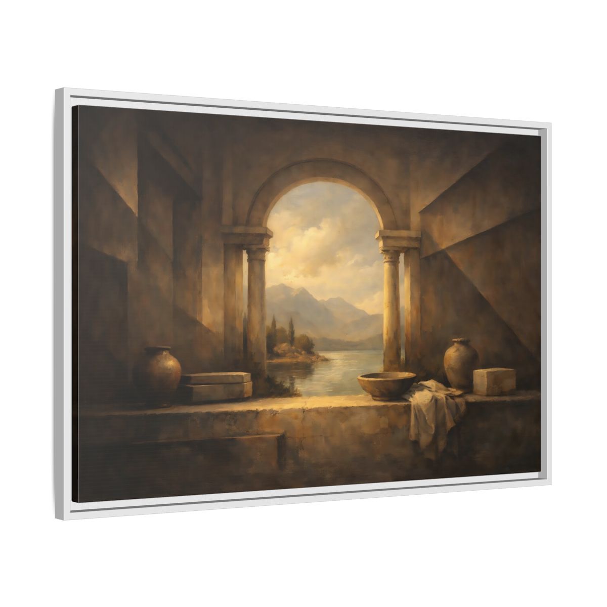 Side Mockup 8. Vintage Lake Landscape Classical Landscape shown as stretched canvas wall art