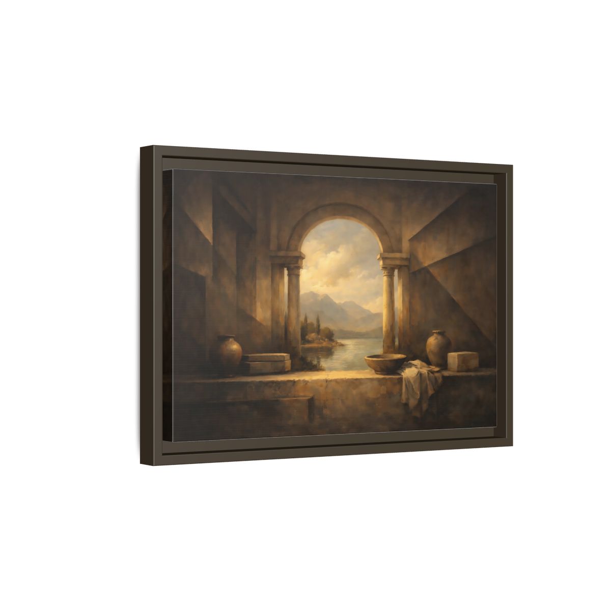Side Mockup 5. Vintage Lake Landscape Classical Landscape shown as stretched canvas wall art