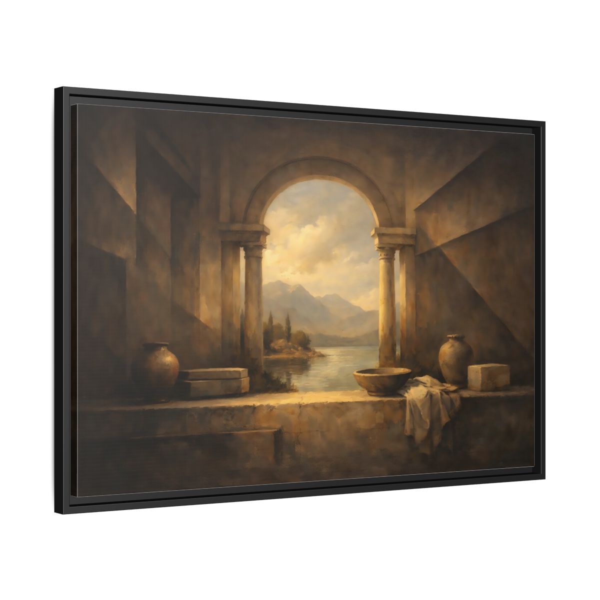 Side Mockup 13. Vintage Lake Landscape Classical Landscape shown as stretched canvas wall art
