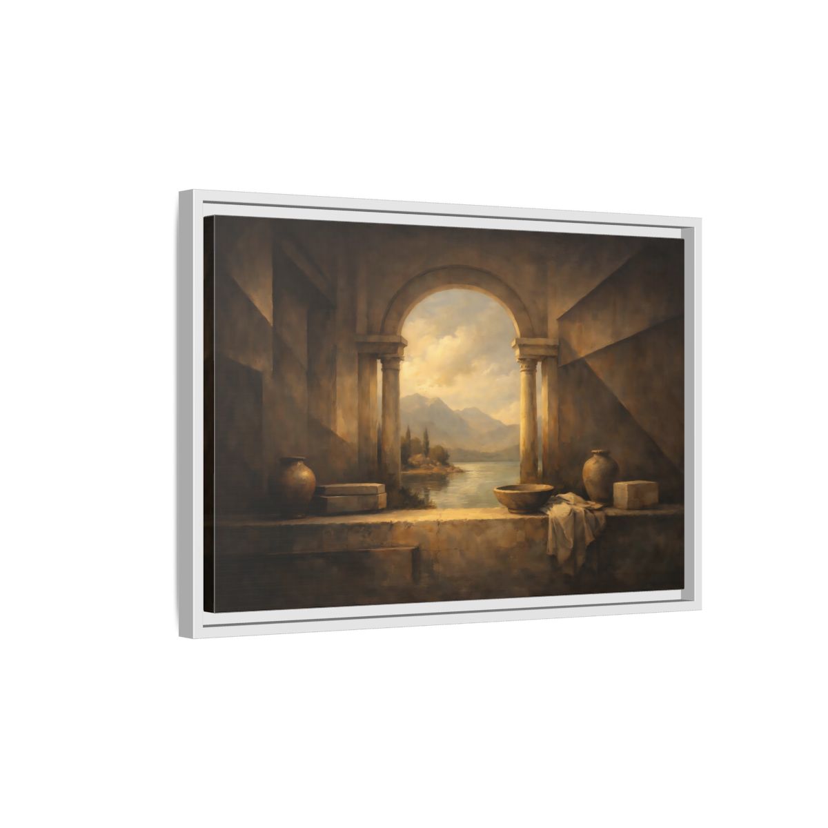 Side Mockup 1. Vintage Lake Landscape Classical Landscape shown as stretched canvas wall art