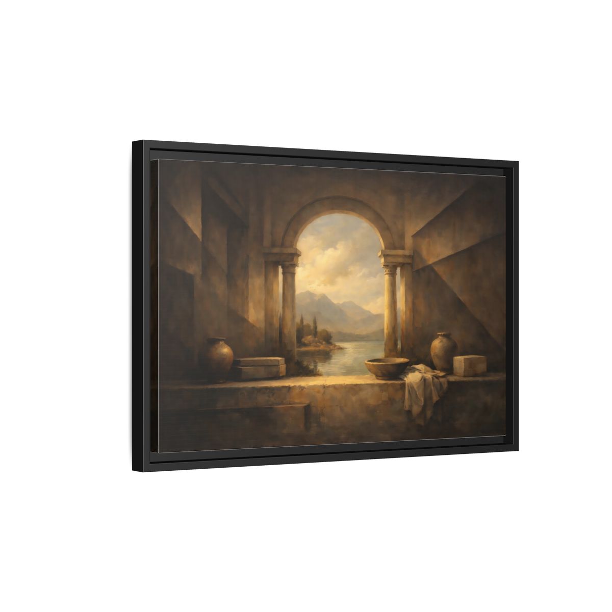 Side Mockup 3. Vintage Lake Landscape Classical Landscape shown as stretched canvas wall art