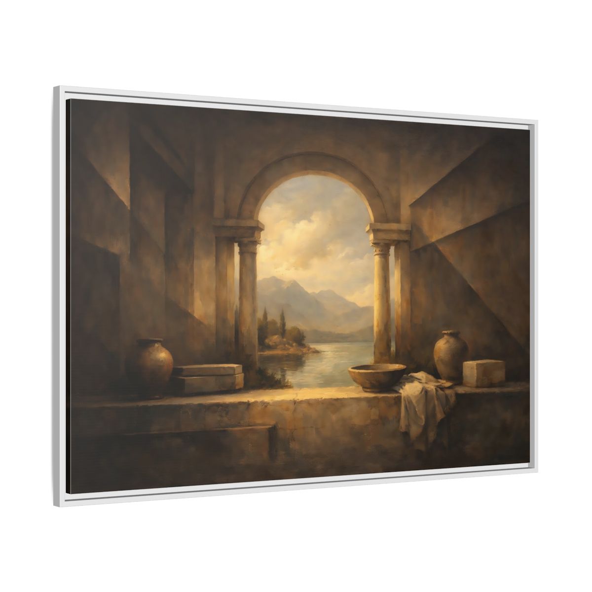 Side Mockup 7. Vintage Lake Landscape Classical Landscape shown as stretched canvas wall art