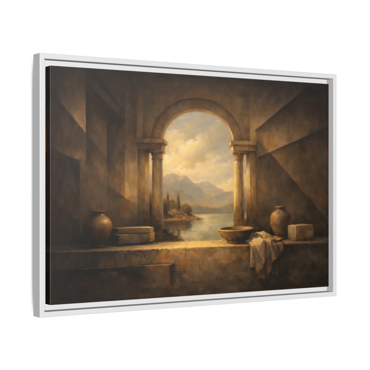 Side Mockup 10. Vintage Lake Landscape Classical Landscape shown as stretched canvas wall art