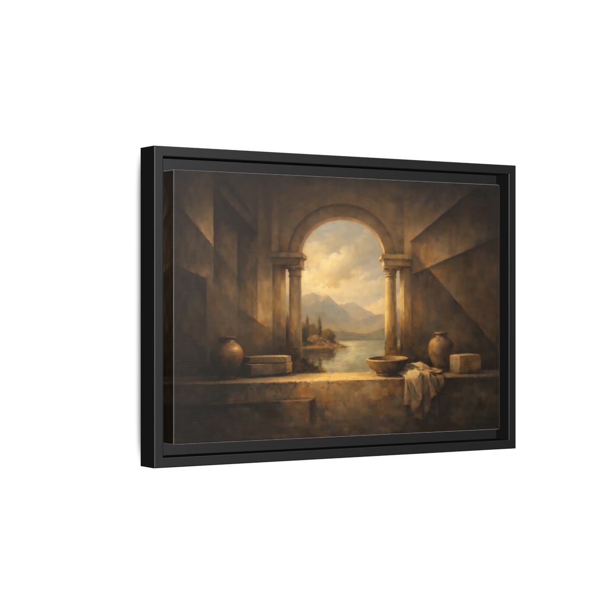 Side Mockup 6. Vintage Lake Landscape Classical Landscape shown as stretched canvas wall art