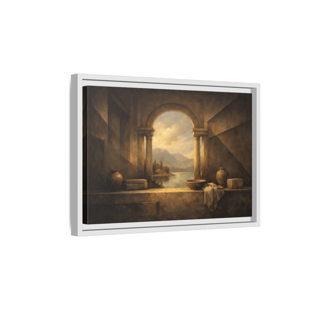 Side Mockup 4. Vintage Lake Landscape Classical Landscape shown as stretched canvas wall art