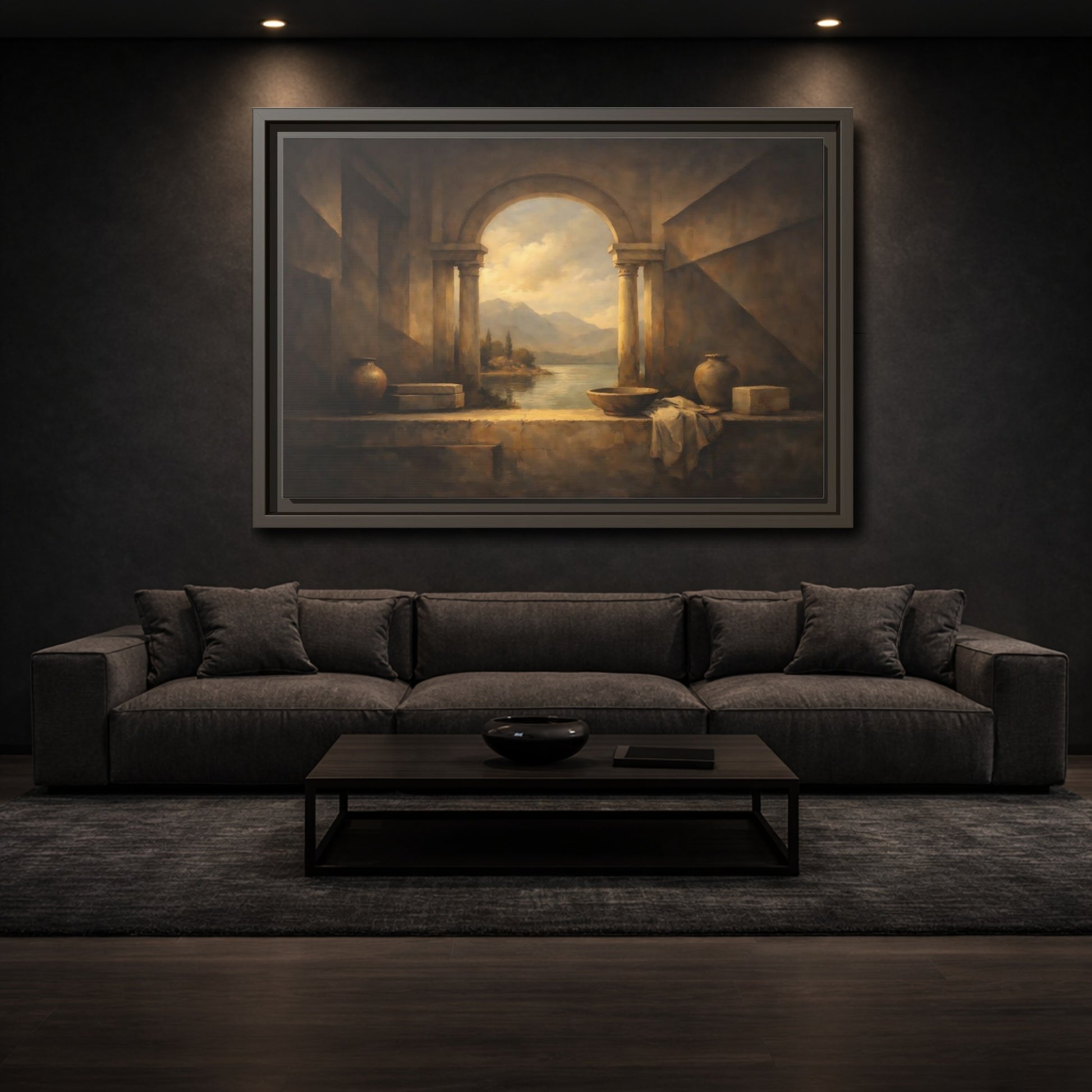 Mockup 2. Vintage Lake Landscape Classical Landscape shown as stretched canvas wall art