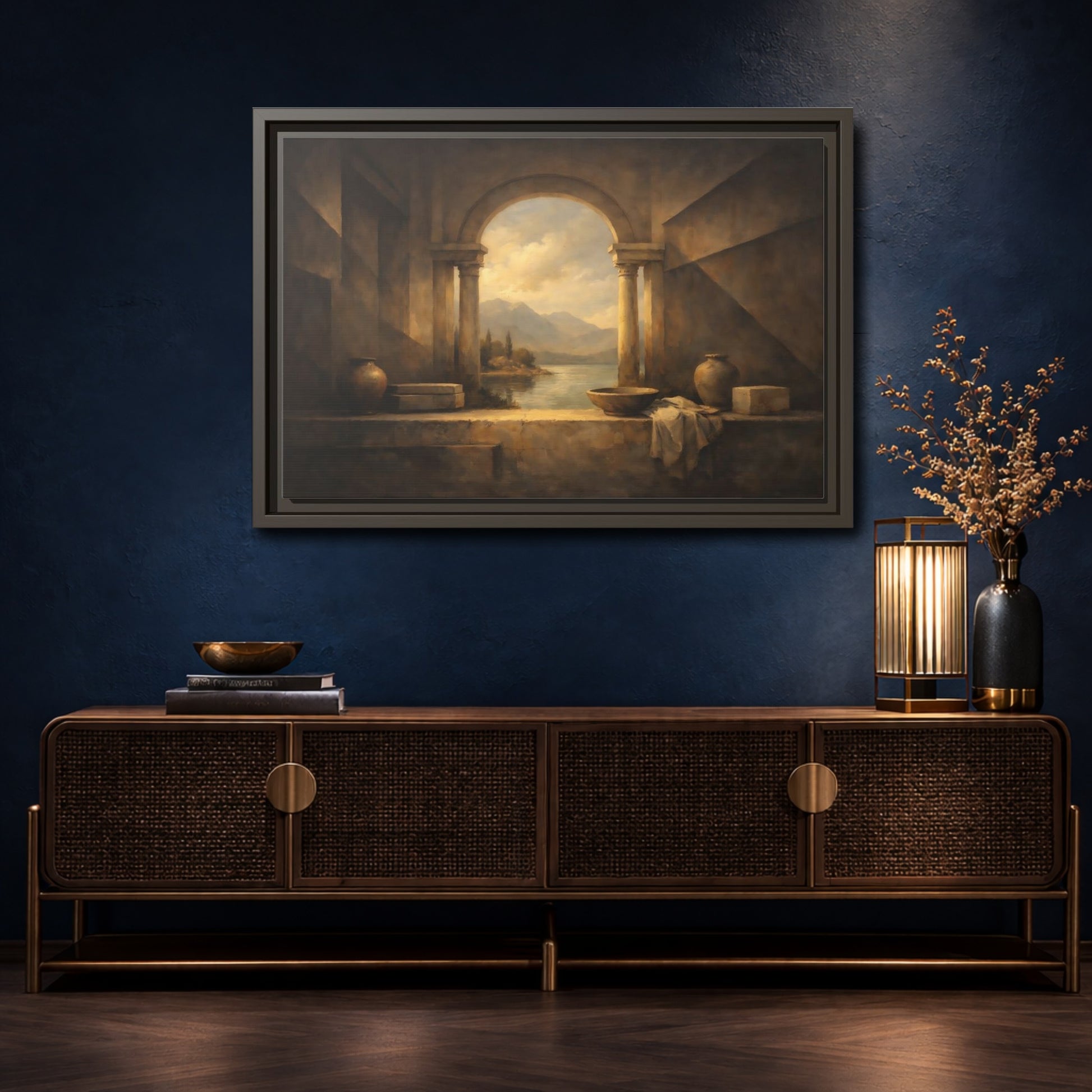 Mockup 4. Vintage Lake Landscape Classical Landscape shown as stretched canvas wall art