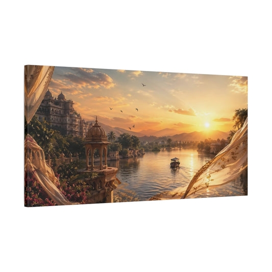 Main Mockup. Vintage Lake Palace Golden Sunset shown as stretched canvas wall art