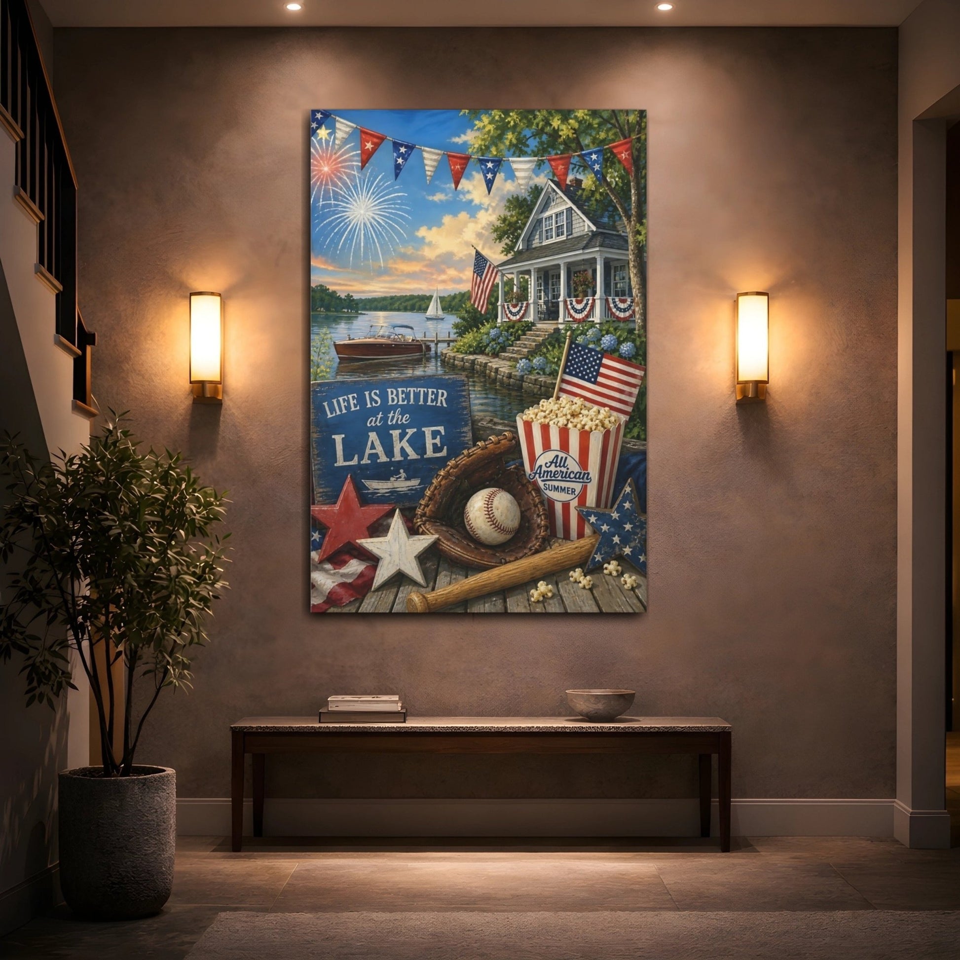 Vintage Lakeside Celebration Patriotic Canvas Print – Living Room, Large Wall, Red White Blue - YesArtYes