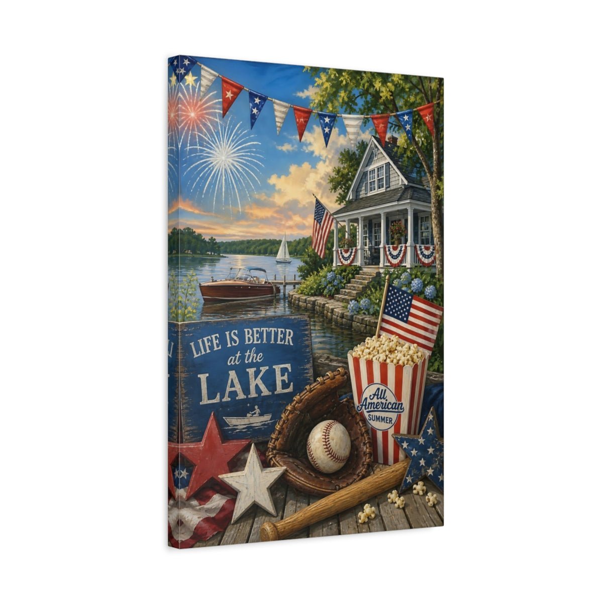 Vintage Lakeside Celebration Patriotic Canvas Print – Living Room, Large Wall, Red White Blue - YesArtYes