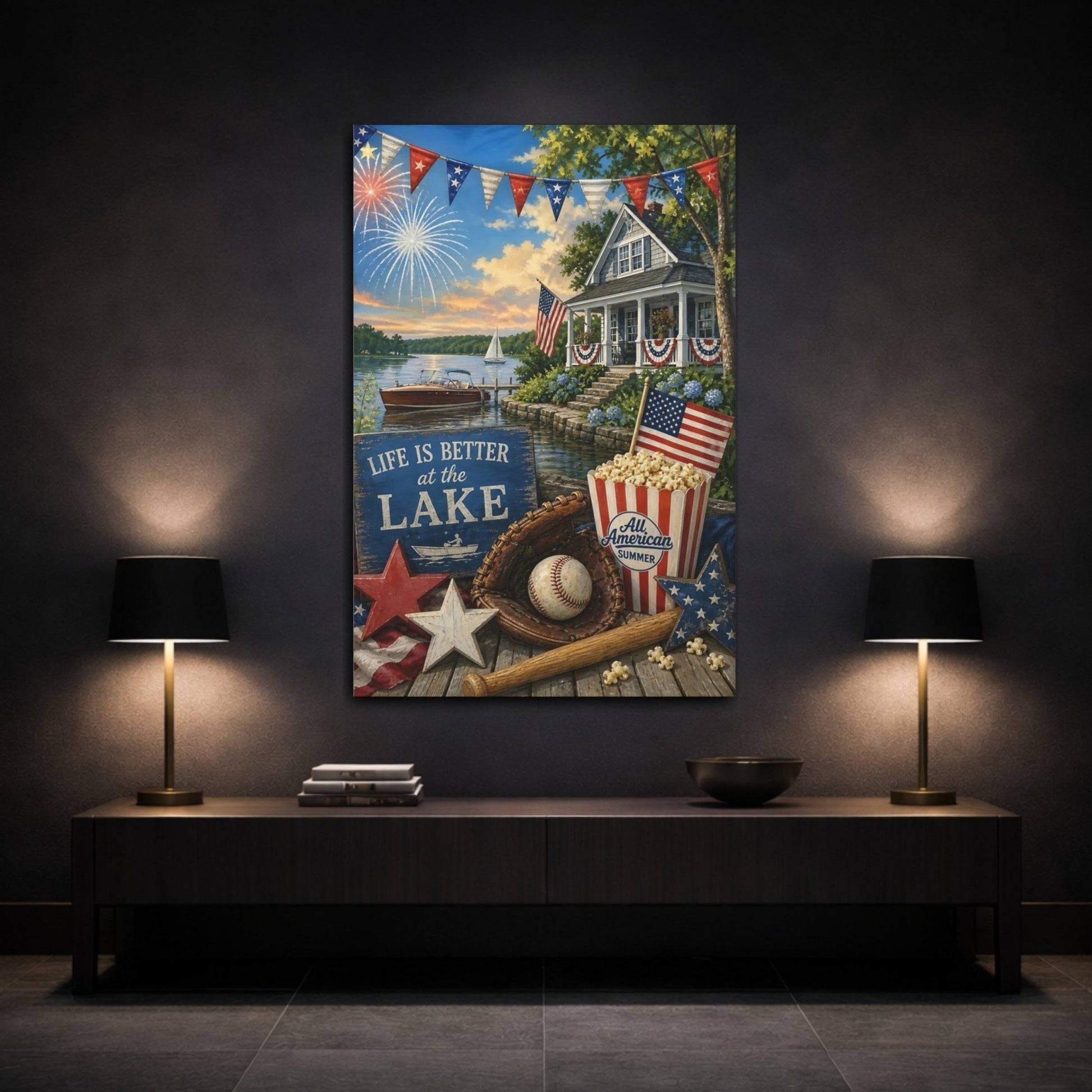 Vintage Lakeside Celebration Patriotic Canvas Print – Living Room, Large Wall, Red White Blue - YesArtYes