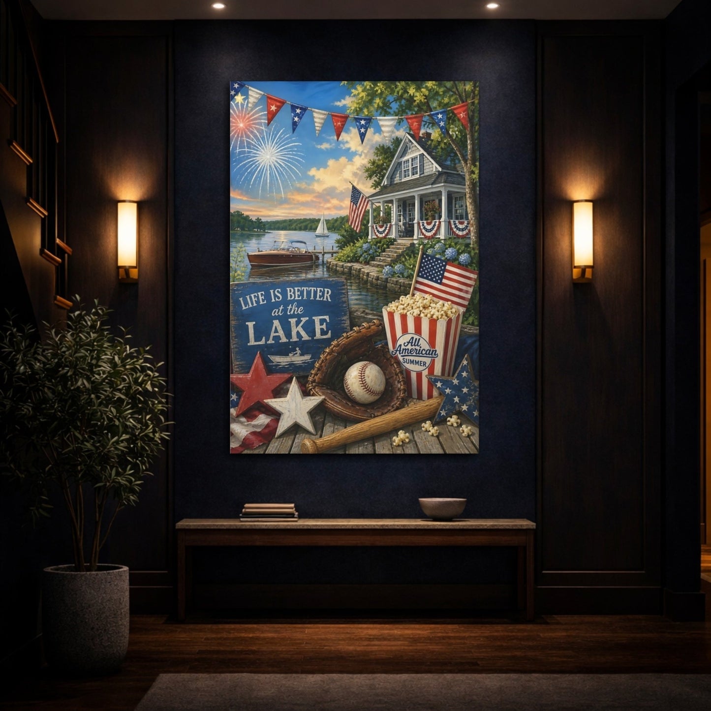 Vintage Lakeside Celebration Patriotic Canvas Print – Living Room, Large Wall, Red White Blue - YesArtYes