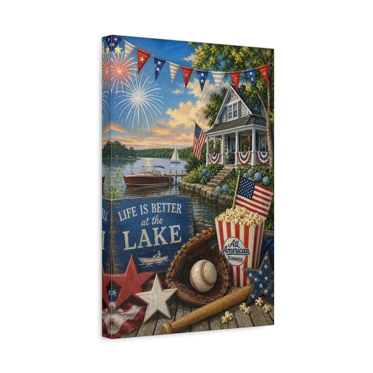 Vintage Lakeside Celebration Patriotic Canvas Print – Living Room, Large Wall, Red White Blue - YesArtYes