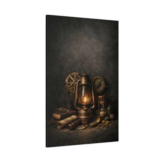 Vintage Lantern Bronze And Gold shown as stretched canvas wall art